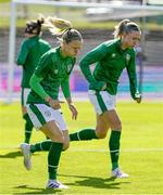 11 June 2021; Diane Caldwell and Louise Quinn of Ireland warm up before the international friendly match between Iceland and Republic of Ireland at Laugardalsvollur in Reykjavik, Iceland. Photo by Eythor Arnason/Sportsfile