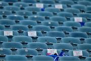 11 June 2021; Seats marked for spectators before the Guinness PRO14 match between Leinster v Dragons at RDS Arena in Dublin. The game is one of the first of a number of pilot sports events over the coming weeks which are implementing guidelines set out by the Irish government to allow for the safe return of spectators to sporting events. Photo by Brendan Moran/Sportsfile