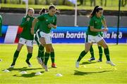 11 June 2021; Katie McCabe and Niamh Farrelly of Ireland warm up before the international friendly match between Iceland and Republic of Ireland at Laugardalsvollur in Reykjavik, Iceland. Photo by Eythor Arnason/Sportsfile