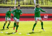 11 June 2021; Keeva Keenan and Megan Connolly of Ireland warm up before the international friendly match between Iceland and Republic of Ireland at Laugardalsvollur in Reykjavik, Iceland. Photo by Eythor Arnason/Sportsfile