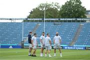 11 June 2021; Leinster players, from left, Ryan Baird, Scott Penny, Caelan Doris, Ed Byrne and Scott Fardy before the Guinness PRO14 match between Leinster and Dragons at RDS Arena in Dublin. The game is one of the first of a number of pilot sports events over the coming weeks which are implementing guidelines set out by the Irish government to allow for the safe return of spectators to sporting events. Photo by Brendan Moran/Sportsfile