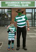 11 June 2021; Shamrock Rovers supporters Danny Barton and his grandson Jamie Gaffney, age 7, before the SSE Airtricity League Premier Division match between Shamrock Rovers and Finn Harps at Tallaght Stadium in Dublin. The game is one of the first of a number of pilot sports events over the coming weeks which are implementing guidelines set out by the Irish government to allow for the safe return of spectators to sporting events. Photo by Stephen McCarthy/Sportsfile