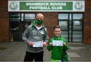 11 June 2021; Shamrock Rovers supporters Darren and Alex Hogg, age 11, before the SSE Airtricity League Premier Division match between Shamrock Rovers and Finn Harps at Tallaght Stadium in Dublin. The game is one of the first of a number of pilot sports events over the coming weeks which are implementing guidelines set out by the Irish government to allow for the safe return of spectators to sporting events. Photo by Stephen McCarthy/Sportsfile