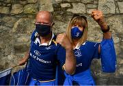 11 June 2021; Leinster supporters Maria Fitzgibbon and Dara Wyer from in Kildare before the Guinness PRO14 match between Leinster v Dragons at RDS Arena in Dublin. The game is one of the first of a number of pilot sports events over the coming weeks which are implementing guidelines set out by the Irish government to allow for the safe return of spectators to sporting events. Photo by Harry Murphy/Sportsfile