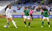 11 June 2021; Dagný Brynjarsdóttir of Iceland in action against Katie McCabe and Niamh Farrelly of Republic of Ireland during the international friendly match between Iceland and Republic of Ireland at Laugardalsvollur in Reykjavik, Iceland. Photo by Eythor Arnason/Sportsfile