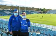 11 June 2021; Leinster supporters Ivor, left, and Ivor Will McGrath, from Harold's Cross in Dublin in the stands before the Guinness PRO14 match between Leinster and Dragons at RDS Arena in Dublin. The game is one of the first of a number of pilot sports events over the coming weeks which are implementing guidelines set out by the Irish government to allow for the safe return of spectators to sporting events. Photo by Brendan Moran/Sportsfile