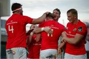 11 June 2021; Liam Coombes of Munster is congratulated by team-mates after scoring a try during the Guinness PRO14 Rainbow Cup match between Zebre and Munster at Stadio Lanfranchi in Parma, Italy. Photo by Roberto Bregani/Sportsfile