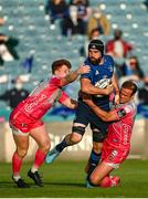 11 June 2021; Scott Fardy of Leinster is tackled by Jamie Roberts, left,and Aneurin Owen of Dragons during the Guinness PRO14 match between Leinster v Dragons at RDS Arena in Dublin. The game is one of the first of a number of pilot sports events over the coming weeks which are implementing guidelines set out by the Irish government to allow for the safe return of spectators to sporting events. Photo by Harry Murphy/Sportsfile