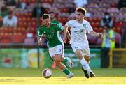 11 June 2021; Dylan McGlade of Cork City in action against Zak O’Neill of Cabinteely during the SSE Airtricity League First Division match between Cork City and Cabinteely at Turners Cross in Cork. Photo by Michael P Ryan/Sportsfile