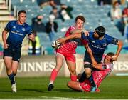 11 June 2021; Scott Fardy of Leinster offloads to team-mate Rory O'Loughlin as he is tackled by Jamie Roberts and Aneurin Owen of Dragons during the Guinness PRO14 match between Leinster v Dragons at RDS Arena in Dublin. The game is one of the first of a number of pilot sports events over the coming weeks which are implementing guidelines set out by the Irish government to allow for the safe return of spectators to sporting events. Photo by Harry Murphy/Sportsfile