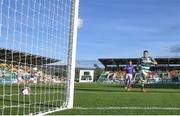 11 June 2021; Aaron Greene of Shamrock Rovers shoots to score his side's first goal during the SSE Airtricity League Premier Division match between Shamrock Rovers and Finn Harps at Tallaght Stadium in Dublin. The game is one of the first of a number of pilot sports events over the coming weeks which are implementing guidelines set out by the Irish government to allow for the safe return of spectators to sporting events. Photo by Stephen McCarthy/Sportsfile