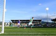 11 June 2021; Aaron Greene of Shamrock Rovers celebrates after scoring his side's first goal during the SSE Airtricity League Premier Division match between Shamrock Rovers and Finn Harps at Tallaght Stadium in Dublin. The game is one of the first of a number of pilot sports events over the coming weeks which are implementing guidelines set out by the Irish government to allow for the safe return of spectators to sporting events. Photo by Stephen McCarthy/Sportsfile