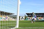 11 June 2021; Aaron Greene of Shamrock Rovers shoots to score his side's first goal during the SSE Airtricity League Premier Division match between Shamrock Rovers and Finn Harps at Tallaght Stadium in Dublin. The game is one of the first of a number of pilot sports events over the coming weeks which are implementing guidelines set out by the Irish government to allow for the safe return of spectators to sporting events. Photo by Stephen McCarthy/Sportsfile