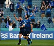 11 June 2021; Scott Fardy, right, and Michael Bent of Leinster leave the field during the Guinness PRO14 match between Leinster and Dragons at the RDS Arena in Dublin. Photo by Harry Murphy/Sportsfile