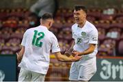 11 June 2021; Jordan Payne of Cabinteely, right, celebrates his sides second goal with team-mate Niall Barnes during the SSE Airtricity League First Division match between Cork City and Cabinteely at Turners Cross in Cork. Photo by Michael P Ryan/Sportsfile