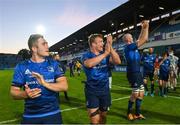 11 June 2021; Leinster players, from left, Jordan Larmour, Josh van der Flier and Devin Toner after the Guinness PRO14 match between Leinster v Dragons at RDS Arena in Dublin. The game is one of the first of a number of pilot sports events over the coming weeks which are implementing guidelines set out by the Irish government to allow for the safe return of spectators to sporting events. Photo by Ramsey Cardy/Sportsfile