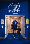 11 June 2021; Scott Fardy of Leinster with his son August leave the pitch after the Guinness PRO14 match between Leinster v Dragons at RDS Arena in Dublin. The game is one of the first of a number of pilot sports events over the coming weeks which are implementing guidelines set out by the Irish government to allow for the safe return of spectators to sporting events. Photo by Ramsey Cardy/Sportsfile