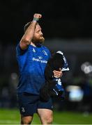 11 June 2021; Michael Bent of Leinster salutes his non playing team-mates after the Guinness PRO14 match between Leinster and Dragons at RDS Arena in Dublin. The game is one of the first of a number of pilot sports events over the coming weeks which are implementing guidelines set out by the Irish government to allow for the safe return of spectators to sporting events. Photo by Brendan Moran/Sportsfile