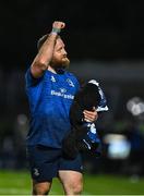 11 June 2021; Michael Bent of Leinster salutes his non playing team-mates after the Guinness PRO14 match between Leinster and Dragons at RDS Arena in Dublin. The game is one of the first of a number of pilot sports events over the coming weeks which are implementing guidelines set out by the Irish government to allow for the safe return of spectators to sporting events. Photo by Brendan Moran/Sportsfile