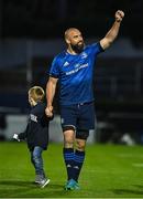 11 June 2021; Scott Fardy of Leinster salutes his non playing team-mates after the Guinness PRO14 match between Leinster and Dragons at RDS Arena in Dublin. The game is one of the first of a number of pilot sports events over the coming weeks which are implementing guidelines set out by the Irish government to allow for the safe return of spectators to sporting events. Photo by Brendan Moran/Sportsfile