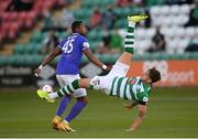 11 June 2021; Lee Grace of Shamrock Rovers in action against Babatunde Owolabi of Finn Harps during the SSE Airtricity League Premier Division match between Shamrock Rovers and Finn Harps at Tallaght Stadium in Dublin. The game is one of the first of a number of pilot sports events over the coming weeks which are implementing guidelines set out by the Irish government to allow for the safe return of spectators to sporting events. Photo by Stephen McCarthy/Sportsfile