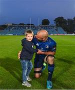 11 June 2021; Scott Fardy of Leinster and his son August following the Guinness PRO14 match between Leinster and Dragons at RDS Arena in Dublin. The game is one of the first of a number of pilot sports events over the coming weeks which are implementing guidelines set out by the Irish government to allow for the safe return of spectators to sporting events. Photo by Ramsey Cardy/Sportsfile