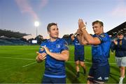 11 June 2021; Jordan Larmour, left, and Josh van der Flier of Leinster following the Guinness PRO14 match between Leinster and Dragons at RDS Arena in Dublin. The game is one of the first of a number of pilot sports events over the coming weeks which are implementing guidelines set out by the Irish government to allow for the safe return of spectators to sporting events. Photo by Ramsey Cardy/Sportsfile