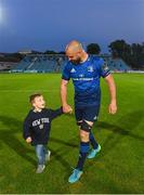 11 June 2021; Scott Fardy of Leinster and his son August following the Guinness PRO14 match between Leinster and Dragons at RDS Arena in Dublin. The game is one of the first of a number of pilot sports events over the coming weeks which are implementing guidelines set out by the Irish government to allow for the safe return of spectators to sporting events. Photo by Ramsey Cardy/Sportsfile