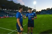 11 June 2021; Hugo Keenan, left, and Jimmy O'Brien of Leinster following the Guinness PRO14 match between Leinster and Dragons at RDS Arena in Dublin. The game is one of the first of a number of pilot sports events over the coming weeks which are implementing guidelines set out by the Irish government to allow for the safe return of spectators to sporting events. Photo by Ramsey Cardy/Sportsfile