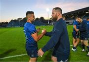 11 June 2021; Cian Kelleher, left, and Michael Bent of Leinster following the Guinness PRO14 match between Leinster and Dragons at RDS Arena in Dublin. The game is one of the first of a number of pilot sports events over the coming weeks which are implementing guidelines set out by the Irish government to allow for the safe return of spectators to sporting events. Photo by Ramsey Cardy/Sportsfile
