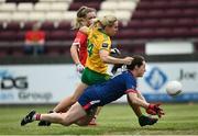 12 June 2021; Martina O'Brien of Cork makes a save from Karen Guthrie of Donegal during the Lidl Ladies National Football League Division 1 semi-final match between Donegal and Cork at Tuam Stadium in Galway. Photo by Harry Murphy/Sportsfile