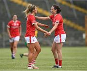 12 June 2021; Máire O'Callaghan, left, and Hannah Looney of Cork embrace after the Lidl Ladies National Football League Division 1 semi-final match between Donegal and Cork at Tuam Stadium in Galway. Photo by Harry Murphy/Sportsfile
