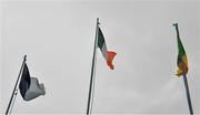 12 June 2021; The tricolour and the flags of the two competing counties, Dublin, left, and Donegal, flutter in the wind before the Allianz Football League Division 1 semi-final match between Donegal and Dublin at Kingspan Breffni Park in Cavan. Photo by Ray McManus/Sportsfile