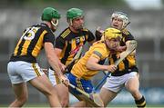 12 June 2021; Rory Hayes of Clare in action against Eoin Cody, left, Alan Murphy, centre, and TJ Reid of Kilkenny during the Allianz Hurling League Division 1 Group B Round 5 match between Clare and Kilkenny at Cusack Park in Ennis, Clare. Photo by Ramsey Cardy/Sportsfile