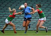 12 June 2021; Niamh Hetherton of Dublin is tackled by Eilish Ronayne, left, and Clodagh McManamon  of Mayo during the Lidl Ladies National Football League Division 1 semi-final match between Dublin and Mayo at LIT Gaelic Grounds in Limerick. Photo by Piaras Ó Mídheach/Sportsfile