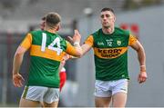 12 June 2021; Paul Geaney of Kerry celebrates with team-mate Dara Moynihan after scoring his second and their side's fifth goal during the Allianz Football League Division 1 semi-final match between Kerry and Tyrone at Fitzgerald Stadium in Killarney, Kerry. Photo by Brendan Moran/Sportsfile