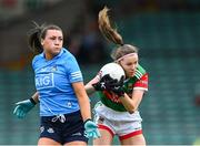 12 June 2021; Saoirse Lally of Mayo in action against Niamh Hetherton of Dublin during the Lidl Ladies National Football League Division 1 semi-final match between Dublin and Mayo at LIT Gaelic Grounds in Limerick. Photo by Piaras Ó Mídheach/Sportsfile