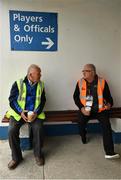 12 June 2021; Match day 'Maors' Bennie Clarke, from Bailieborough, left, and Michael Graham, Snr, relax before the arrival of players and officials for the Allianz Football League Division 1 semi-final match between Donegal and Dublin at Kingspan Breffni Park in Cavan. Photo by Ray McManus/Sportsfile