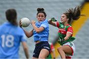 12 June 2021; Niamh McEvoy of Dublin in action against Niamh Kelly of Mayo during the Lidl Ladies National Football League Division 1 semi-final match between Dublin and Mayo at LIT Gaelic Grounds in Limerick. Photo by Piaras Ó Mídheach/Sportsfile