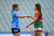 12 June 2021; Martha Byrne of Dublin and Amy Dowling of Mayo bump fists after the Lidl Ladies National Football League Division 1 semi-final match between Dublin and Mayo at LIT Gaelic Grounds in Limerick. Photo by Piaras Ó Mídheach/Sportsfile