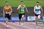 13 June 2021; Stephen Gaffney of Rathfarnham W.S.A.F. AC, Dublin, centre, on his way to winning the Senior Men's 100m, ahead of Conor Morey of Leevale AC, Cork, left, and Paul Costelloe of Emerald AC, Limerick, right, during day two of the AAI Games & Combined Events Championships at Morton Stadium in Santry, Dublin. Photo by Sam Barnes/Sportsfile
