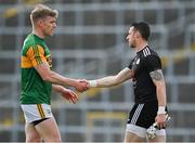 12 June 2021; Tommy Walsh of Kerry shakes hands with Niall Morgan of Tyrone after the Allianz Football League Division 1 semi-final match between Kerry and Tyrone at Fitzgerald Stadium in Killarney, Kerry. Photo by Brendan Moran/Sportsfile