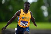 13 June 2021; Israel Olatunde of UCD AC, Dublin, competing in the Senior Men's 100m  during day two of the AAI Games & Combined Events Championships at Morton Stadium in Santry, Dublin. Photo by Sam Barnes/Sportsfile