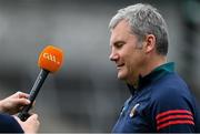13 June 2021; Mayo manager James Horan has his microphone adjusted before commencing an interview before the Allianz Football League Division 2 semi-final match between Clare and Mayo at Cusack Park in Ennis, Clare. Photo by Brendan Moran/Sportsfile