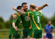 13 June 2021; Carrickmacross players, from left, Ronan Kiernan, Justin Burns and Declan Finnegan celebrate after the 2020 Men’s Senior Rounders Final match between Carrickmacross and Glynn Barntown at the GAA centre of Excellence in Abbotstown, Dublin. Photo by Harry Murphy/Sportsfile