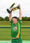 13 June 2021; Colm Kiernan of Carrickmacross lifts the cup after the 2020 Men’s Senior Rounders Final match between Carrickmacross and Glynn Barntown at the GAA centre of Excellence in Abbotstown, Dublin. Photo by Harry Murphy/Sportsfile