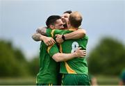 13 June 2021; Carrickmacross players, from left, Ronan Kiernan, Justin Burns and Declan Finnegan celebrate after the 2020 Men’s Senior Rounders Final match between Carrickmacross and Glynn Barntown at the GAA centre of Excellence in Abbotstown, Dublin. Photo by Harry Murphy/Sportsfile