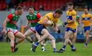 13 June 2021; Darren O'Neill of Clare in action against Ryan O'Donoghue and Paddy Durcan of Mayo during the Allianz Football League Division 2 semi-final match between Clare and Mayo at Cusack Park in Ennis, Clare. Photo by Brendan Moran/Sportsfile