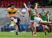 13 June 2021; Oisin Mullin of Mayo blocks a shot by Joe McGann of Clare during the Allianz Football League Division 2 semi-final match between Clare and Mayo at Cusack Park in Ennis, Clare. Photo by Brendan Moran/Sportsfile