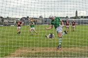 13 June 2021; Pat Ryan of Limerick celebrates after scoring his side's third goal, as Westmeath goalkeeper Noel Conaty reacts to conceding, during the Allianz Hurling League Division 1 Group A Round 5 match between Westmeath and Limerick at TEG Cusack Park in Mullingar, Westmeath. Photo by Seb Daly/Sportsfile